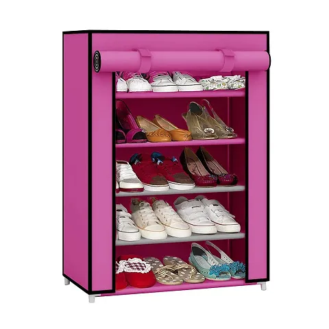 ASIAN 4 Tiers Multipurpose Portable Folding Shoes Rack/Shoes Shelf/Shoes Cabinet with Wardrobe Cover, Easy Installation Stand for Shoes (Pack of 1) (Plastic & Non-Woven Fabric) (4 Layer Pink)