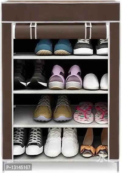 STRONGER Shoe Rack with cover for home 4 shelves Multipurpose Rack Organizer for Shoe/Clothes/books stand storage -(Rustproof Plastic pipe) 4 Layer (Brown)-thumb0