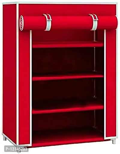 STRONGER Shoe Rack with cover for home 4 shelves Multipurpose Rack Organizer for Shoe/Clothes/books stand storage -(Rustproof Plastic pipe) 4 Layer (Red)-thumb0