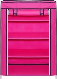 STRONGER Shoe Rack with cover for home 4 shelves Multipurpose Rack Organizer for Shoe/Clothes/books stand storage -(Rustproof Plastic pipe) 4 Layer (Pink)-thumb1