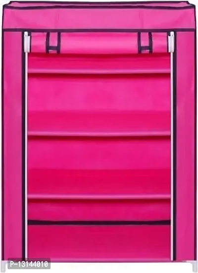 STRONGER Shoe Rack with cover for home 4 shelves Multipurpose Rack Organizer for Shoe/Clothes/books stand storage -(Rustproof Plastic pipe) 4 Layer (Pink)-thumb2