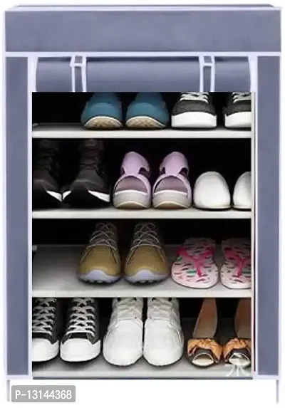 STRONGER Shoe Rack with cover for home 4 shelves Multipurpose Rack Organizer for Shoe/Clothes/books stand storage -(Rustproof Plastic pipe) 4 Layer (Grey)-thumb0