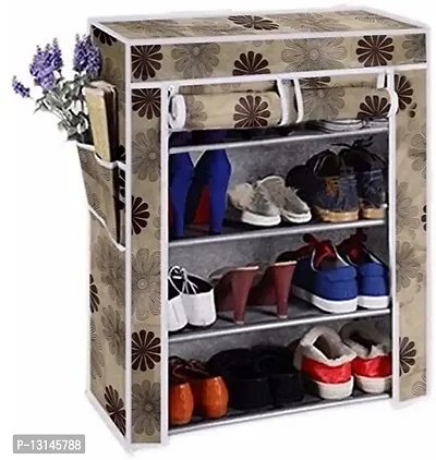 STRONGER Shoe Rack with cover for home 4 shelves Multipurpose Rack Organizer for Shoe/Clothes/books stand storage -(Rustproof Plastic pipe) 4 Layer (Printed)-thumb0