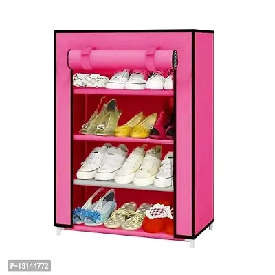 ASIAN Shoe Rack with cover for home Multipurpose Rack Organizer for Shoe/Clothes/books stand storage - (Need to Be Assemble - DIY) (Pink)(4 shelf)-thumb0