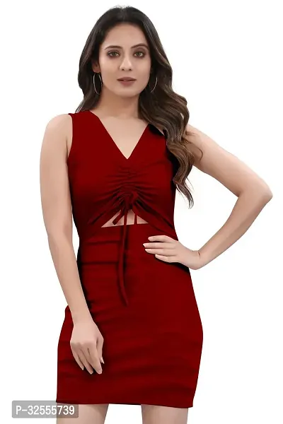 Stylish Maroon Polyester Spandex Solid Bodycon Dress For Women-thumb0