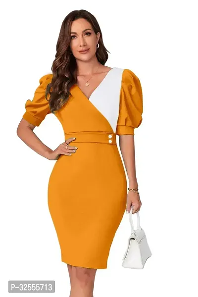 Stylish Yellow Polyester Spandex Solid Bodycon Dress For Women-thumb3