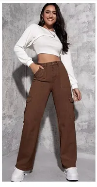 Stylish Brown Denim Solid Jeans For Women-thumb1