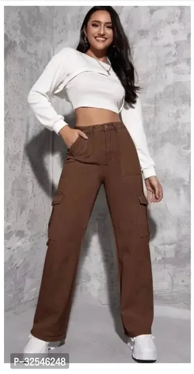 Stylish Brown Denim Solid Jeans For Women-thumb2