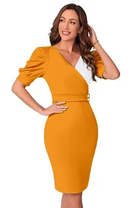 Stylish Yellow Polyester Spandex Solid Bodycon Dress For Women-thumb1