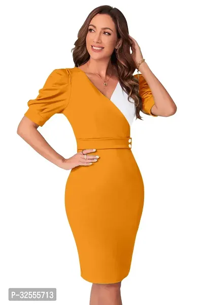 Stylish Yellow Polyester Spandex Solid Bodycon Dress For Women-thumb2