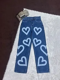 Stylish Blue Denim Printed Jeans For Women-thumb1