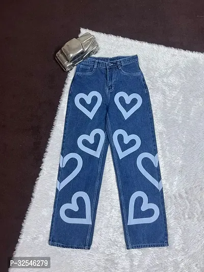 Stylish Blue Denim Printed Jeans For Women-thumb2