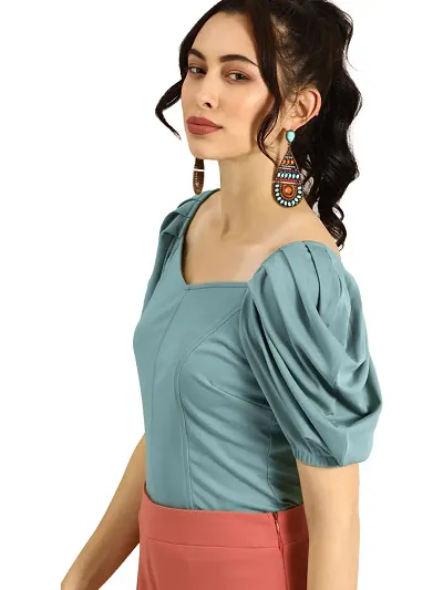 QUIRKY TRAILS Casual Women's Puff Sleeve Deep Neck Top|Top for Women|top for Women Stylish|Trendy top for Women|deep Neck Crop top for Women|Puff Sleeve Tops for Women