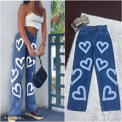 Stylish Blue Denim Printed Jeans For Women-thumb0