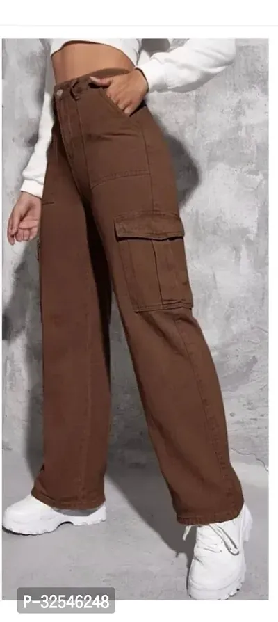 Stylish Brown Denim Solid Jeans For Women-thumb0