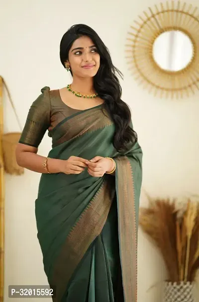 Beautiful Cotton Silk Green Woven Design  Saree with Blouse piece For Women-thumb0