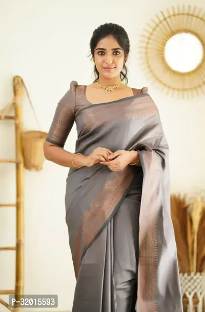 Beautiful Cotton Silk Grey Woven Design  Saree with Blouse piece For Women