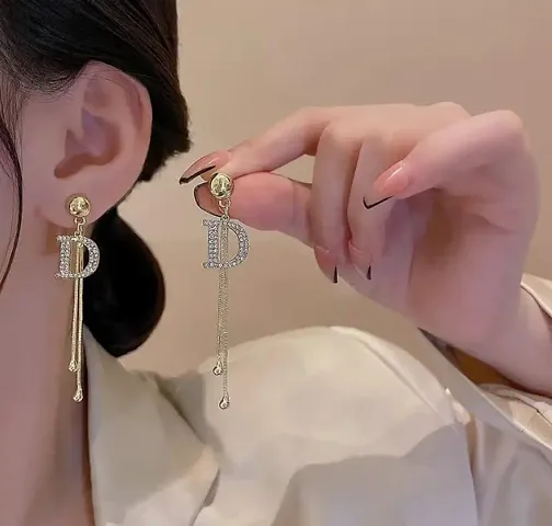 Korean Plated Long Chain Stone Decor D Letter Earrings For Women Girls