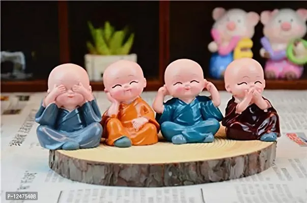 ARINJAY Polyresin Baby Monk Showpiece Statue Idols | Mini Baby Monk Idol/Figure/Statues/Showpiece for Car Dashboard, Home, Office, Car Decor | Standard, Multicolor- 4 Piece