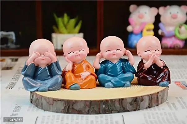 Surbhii creations Polyresin Baby Monk Showpiece Statue Idols | Mini Baby Monk Idol/Figure/Statues/Showpiece for Car Dashboard, Home, Office, Car Decor | Standard, Multicolor- 4 Piece