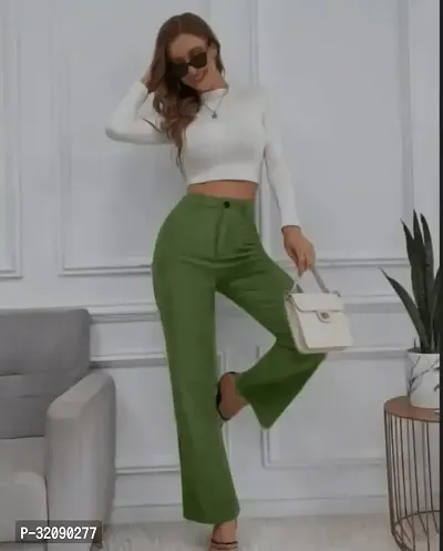 Elegant Green Cotton Blend Solid Trousers For Women-thumb0