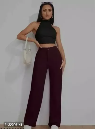 Elegant Maroon Cotton Blend Solid Trousers For Women-thumb0