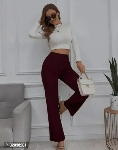 Elegant Maroon Cotton Blend Solid Trousers For Women-thumb0