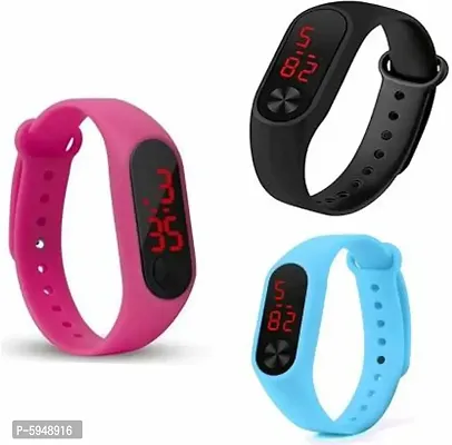 Silicone Slim Digital LED Black & Pink & Sky Blue Band Watch - Combo Set of 3 Watch for Kids Boys and Girls