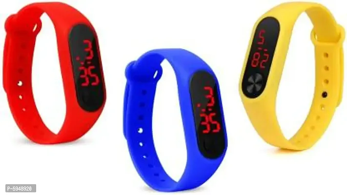 Silicone Slim Digital LED Red &  Blue & Yallow Band Watch - Combo Set of 3 Watch for Kids Boys and Girls-thumb0