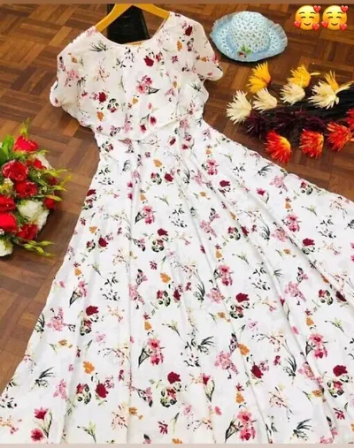Stylish Floral Printed Crepe A-line Gown