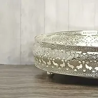GODS CHOICE German Silver Round Decorative Flower Designing/Fruit Serving Tray For Pooja Diameter : 10 Inches Weight : 490 Grams-thumb1