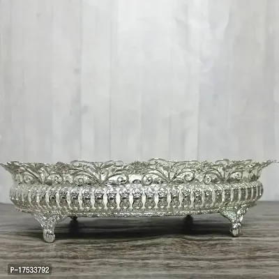 GODS CHOICE German Silver Floral Curved Flower Decoration Stand Tray For Pooja/Home Decor Height : 3 Inch Diameter : 11 Inch Weight : 290 Grams-thumb2