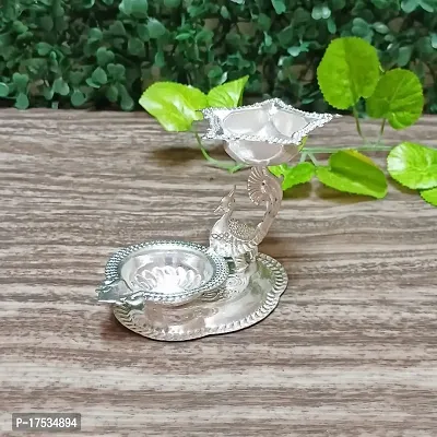 GODS CHOICE German Silver Peacock 5 Face Diya With 1 Agal Diya In Plate For Pooja/Decor Size :3 Inch Weight : 55Grams-thumb3