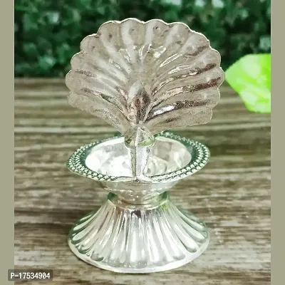 GODS CHOICE German Silver Beautiful Peacock With Feather Designing Diya For Pooja / Decor Size : 4 Inches Weight : 50 Grams-thumb3