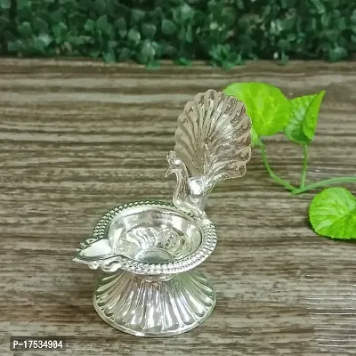 GODS CHOICE German Silver Beautiful Peacock With Feather Designing Diya For Pooja / Decor Size : 4 Inches Weight : 50 Grams-thumb2