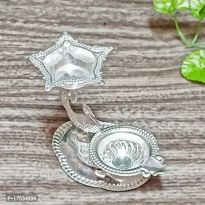 GODS CHOICE German Silver Peacock 5 Face Diya With 1 Agal Diya In Plate For Pooja/Decor Size :3 Inch Weight : 55Grams-thumb4