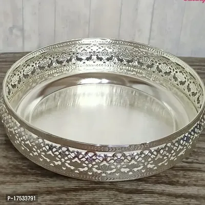 GODS CHOICE German Silver Round Decorative Flower Designing/Fruit Serving Tray For Pooja Diameter : 10 Inches Weight : 490 Grams-thumb0