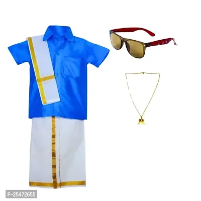 Luckypot Silk Cotton Shirt  Single Layer Readymade Dhoti With Gold Jari For Boys Color : Blue