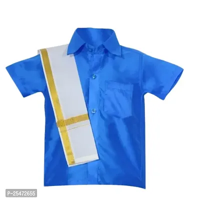 Luckypot Silk Cotton Shirt  Single Layer Readymade Dhoti With Gold Jari For Boys Color : Blue-thumb4