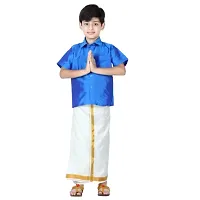 Luckypot Silk Cotton Shirt  Single Layer Readymade Dhoti With Gold Jari For Boys Color : Blue-thumb2