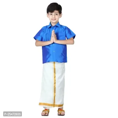 Luckypot Silk Cotton Shirt  Single Layer Readymade Dhoti With Gold Jari For Boys Color : Blue-thumb3