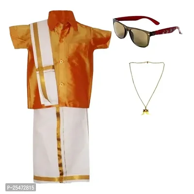 Luckypot Silk Cotton Shirt  Single Layer Readymade Dhoti With Gold Jari For Boys Color : Gold-thumb0