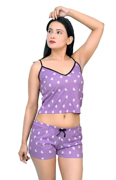 Stylish Satin Heart Print Night Short and Top for Women