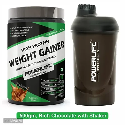 PowerLift Weight Gainer with Shaker (500gm Chocolate) 390K Energy, 76G Carbs| High Protein  High Calorie Protein Powder for weight gain men and women use | Raw Whey from USA | With Digezyme