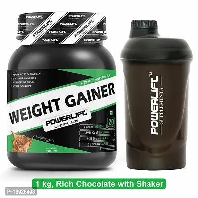 PowerLift Weight Gainer With Shaker (1KG Rich Chocolate) 390K Energy, 75G Carbs| High Protein  High Calorie Protein Powder for weight gain men and women use | Raw Whey from USA | With Digezyme