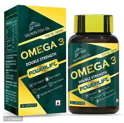 PowerLift Omega 3 Fish Oil Double Strength 1000mg (60 Capsules) 360 EPA, 240 DHA and 300mg other omega For Healthy Heart, Brain, Bones, Joint Care  Eye Health | For Men  Women | Salmon Fishoil-thumb0