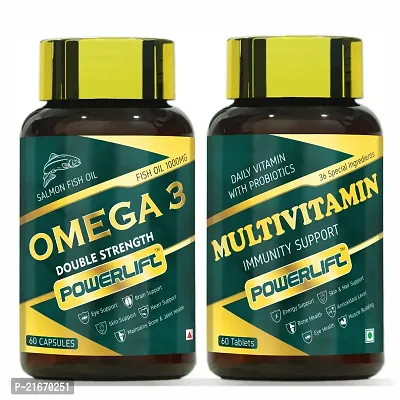 POWERLIFT Omega3 Fish Oil 1000mg + Multivitamins for Healthy Heart, Brain, Bones, Joint Care  (2 x 60 Capsules)