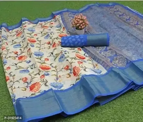 Stylish Blue Cotton Printed Saree With Blouse Piece For Women-thumb0