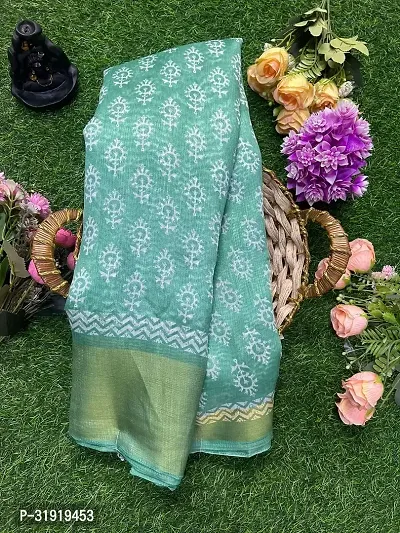 Stylish Green Cotton Blend Printed Saree With Blouse Piece For Women