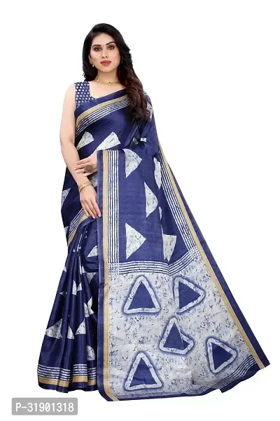 Stylish Navy Blue Cotton Saree With Blouse Piece For Women-thumb0